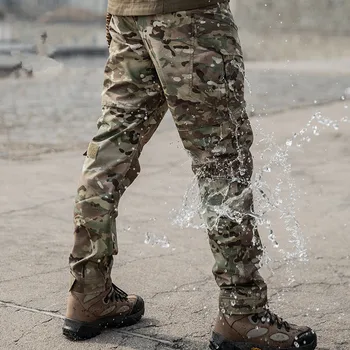Камуфляжные тактические брюки-карго, мужские водонепроницаемые армейские военные брюки с множеством карманов, хлопковые длинные брюки для улицы SWAT Изображение