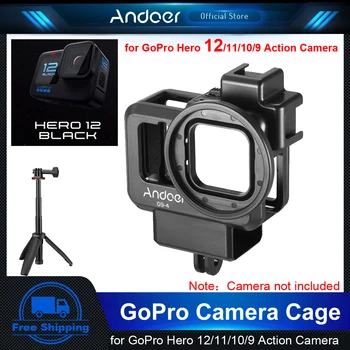 Клетка для Камеры Andoer для Экшн-камеры GoPro Hero 12/11/10/9, Защитная Клетка Для Видеоблога, Защитный Чехол для Видеоблога с Выдвижным Штативом Для Селфи-Палки Изображение