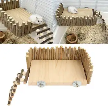 Клетка для хомяка, платформа для лазания хомяка, Деревянная жевательная игрушка, Игровая площадка для маленьких домашних животных с ограждением для сахарного планера Изображение