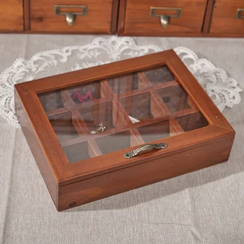 Коробка для ювелирных изделий из массива дерева в стиле ретро с 12 сетками, акриловая прозрачная коробка для ключей, решетчатая коробка для ювелирных изделий, органайзер для макияжа Wenplay Box Изображение