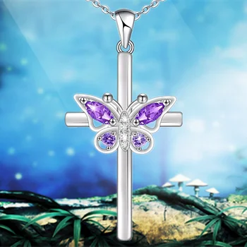 Креативный циркон Крест Крылья бабочки Кулон Ожерелье Обручальное ожерелье для женщин Ювелирные изделия из нержавеющей стали Подарок на день рождения Изображение
