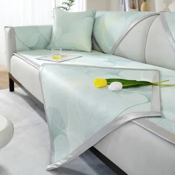 Летнее прохладное покрывало для дивана с принтом листьев, Ледяное шелковое полотенце для дивана, гостиная, Противоскользящая комбинированная подушка для дивана, Защита мебели для дома Изображение