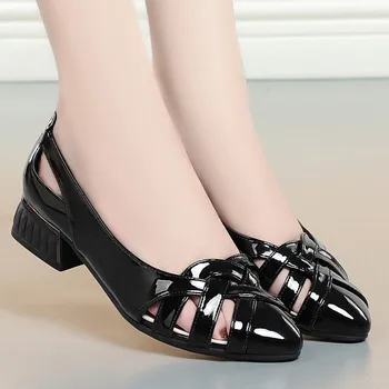 Летние новые плетеные тонкие туфли с открытым носком, женские модные кожаные туфли-лодочки с острым носком на низком каблуке 3 см C136 Изображение