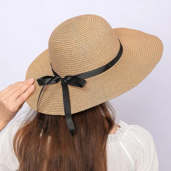 Летние Простые шляпы-зонтики из натурального папируса, женские повседневные широкополые модные шляпы с лентой-дискетой для девочек, пляжные шляпы для отдыха на природе Изображение