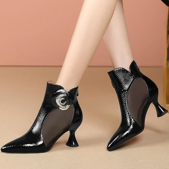 Летние сетчатые дышащие сандалии 2022 года на каблуке, украшенном стразами, Сандалии в британском стиле в стиле ретро, Кожаные сапоги для женщин Изображение