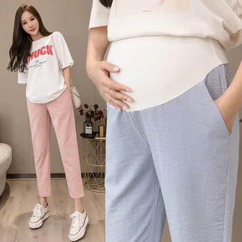 Летние Хлопчатобумажные льняные брюки для беременных Свободная Одежда для беременных С высокой эластичной талией Брюки для беременных Черный Розовый Синий Изображение