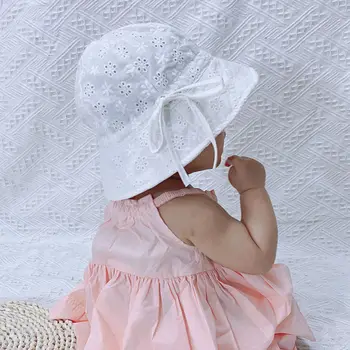Летняя шляпка для маленьких девочек, Весна-осень, милая шляпка рыбака с кружевным бантом, детская Солнцезащитная шляпка, детские солнцезащитные кепки, уличная Детская Солнцезащитная кепка Изображение