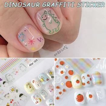Милые наклейки для ногтей с граффити динозавра, кавайная Наклейка для ногтей цвета радуги, подсолнух, нейл-арт, Летние Аксессуары для ногтей в Корейском стиле Изображение
