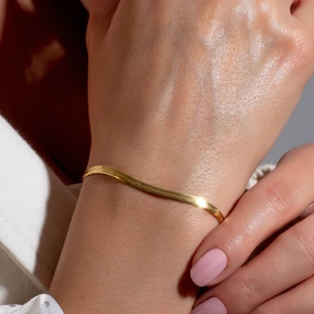 Минималистичный золотой браслет в елочку, плоская цепочка в виде змеи, Изящные браслеты для женщин, ювелирные изделия ручной работы, подарки Оптом Изображение