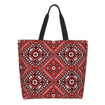 Многоразовая хозяйственная сумка с орнаментом из украинской вышивки Женская холщовая сумка через плечо Прочные сумки для покупок в стиле бохо Изображение
