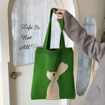 Модные зеленые вязаные сумки через плечо Милый кролик Женская мультяшная сумка Повседневная сумка для книг из хлопчатобумажной ткани Шерстяная сумка для покупок для девочек Изображение
