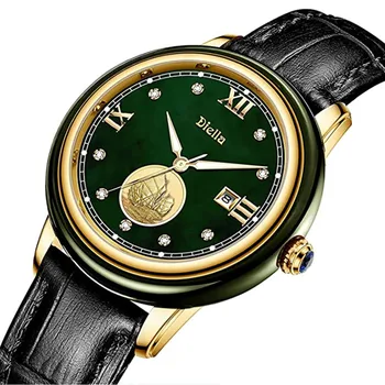 Модные мужские нефритовые кварцевые часы Diella, календарь, светящийся ремешок из натуральной кожи, мужские женские наручные часы из темно-зеленого нефрита в подарок Изображение