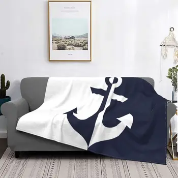 Морское белое и темно-синее одеяло с якорями, флисовое весенне-осеннее ультрамягкое одеяло для домашнего офиса, плюшевое тонкое одеяло Изображение