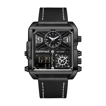 Мужские цифровые часы Mark Fairwhale, спортивные квадратные многофункциональные часы, кварцевые наручные часы со светящимся двойным дисплеем, 2 часовых пояса Изображение