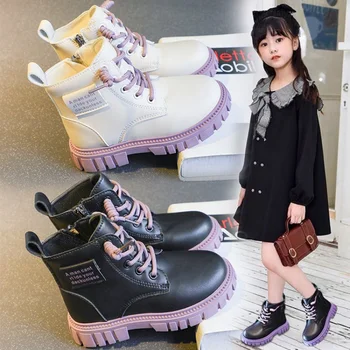 Новая Детская Кожаная Повседневная обувь на толстой подошве; Ботильоны для девочек; Коллекция 2022 года; Сезон весна-осень; Узкая Обувь Для мальчиков; Дышащая Нескользящая Обувь В Корейском стиле Изображение