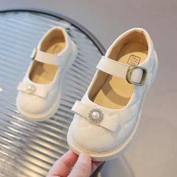Новая дизайнерская обувь для девочек Mary Jane, кожаная обувь с ромбической сеткой, детская обувь на платформе, детские балетки, жемчужные студенческие туфли 197L Изображение