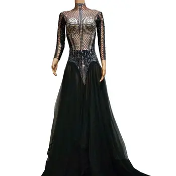 Новое длинное платье из блестящей черной вуали со стразами и длинным рукавом, женское платье для выступлений в ночном клубе, изящные вечерние платья для выпускного вечера Изображение