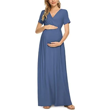 Новое летнее повседневное платье для беременных с коротким рукавом, однотонные удобные платья для беременных Изображение