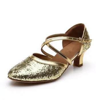 Новые женские туфли для латиноамериканских танцев с блестками золотого цвета высотой каблука 5 см, 7 см, дешевые туфли для танго, бальных танцев Сальсы Изображение