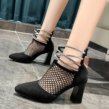 Новые классические черные сетчатые сапоги, Женские ботинки на квадратном каблуке со стразами, Женская дышащая обувь, женские ботильоны, женские туфли-лодочки на высоком каблуке Изображение