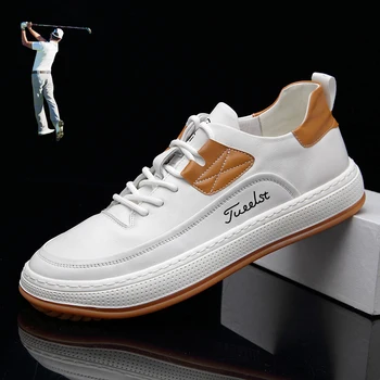 Новые профессиональные мужские кроссовки для гольфа без шипов, кроссовки для гольфа из натуральной кожи, уличные легкие кроссовки для ходьбы, мужская обувь для обуви Изображение