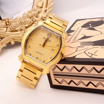 Новые часы для пары из 24-каратного золота, часы с календарем, подарок для парня, винтажные высококачественные инкрустированные бриллиантами бочкообразной формы Изображение