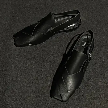 Новый Дизайн2023, Женские босоножки на плоской подошве, черные кожаные сандалии с квадратным носком, повседневные пляжные Эспадрильи, Уличная женская обувь Изображение