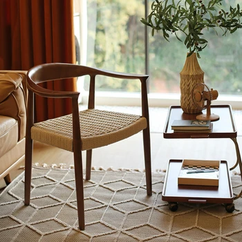 Обеденные стулья из массива дерева в японском стиле, плетеные из веревки, Бытовая спинка, Президентское кресло, Плетеный стул для кабинета Ваби-Саби, Модный Изображение