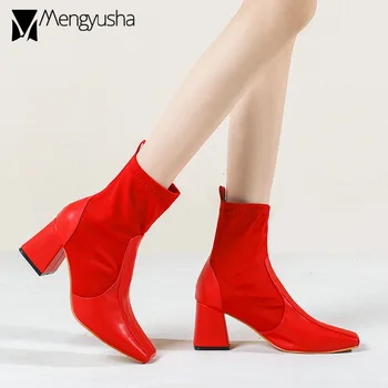 Осенне-зимние женские ботинки из эластичной ткани, ботильоны-трубки с квадратным носком, модные туфли на высоком каблуке, Черные/красные женские пинетки Изображение