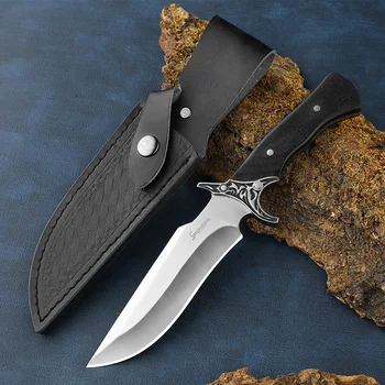 Открытый прямой нож из нержавеющей стали 9CR18MOV с кожаным чехлом, портативный нож, острый охотничий нож, подходящий для выживания в дикой природе Изображение