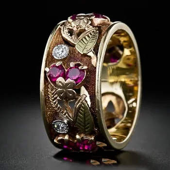 Очаровательные кольца нежного золотого цвета для женщин, модный цветок, инкрустированный металлом, красный, белый камень, Свадебные украшения для помолвки Изображение