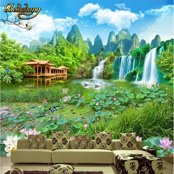 Пейзаж бейбехан водопад фотообои с лотосом фрески прихожая спальня гостиная диван ТВ фон настенная роспись обои Изображение
