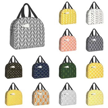 Простая геометрическая изолированная сумка для ланча для женщин с абстрактной геометрией, портативный термоохладитель Bento Box, сумки для пикника для школьной еды для детей Изображение