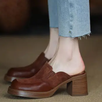 Простая женская обувь в стиле ретро, женские туфли-лодочки во французском стиле, шлепанцы из овчины, модная женская обувь, весенние туфли-лодочки на толстом каблуке 6,5 см Изображение
