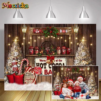 Рождественский фон для фотосъемки с горячим какао-батончиком, теплый Рождественский портрет для фотосессии, зимний ретро-фон для фото с деревянным баннером кондитерской Изображение