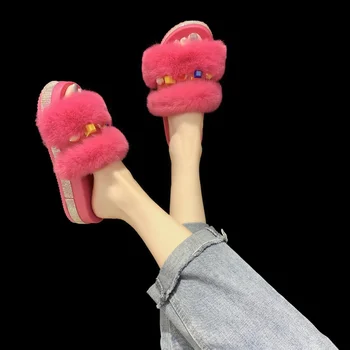 Роскошные Дизайнерские Женские Меховые Тапочки На Платформе И Танкетке, Однотонные Пушистые Меховые Шлепанцы, Пикантная Женская Обувь Zapatillas Mujer Изображение