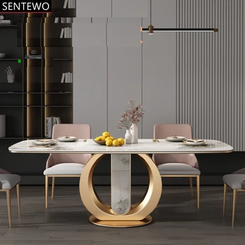 Роскошный кухонный обеденный стол из каменной плиты и 4 стула с золотой ножкой из нержавеющей стали и набором стульев из искусственного мрамора yemek masaları Изображение