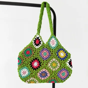 Ручная вязка, цветочная сумка, цветочное вязание крючком, Винтажная повседневная сумка-тоут большой емкости, Открытая сумка, сумка ручной работы Изображение