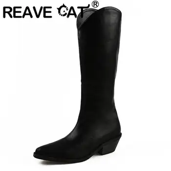 Сапоги до колена REAVE CAT, женские ботинки в стиле Вестерн с острым носком на блочном каблуке 5 см, однотонные модные вечерние туфли на молнии, женский бренд S4319 Изображение