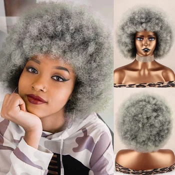 Синтетический Афро кудрявый парик С челкой Короткие Седые Пушистые волосы Парики для чернокожих женщин Натуральные РозовоЗолотые Чернокоричневые парики Изображение