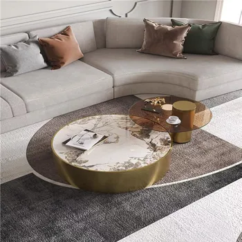 Современный легкий роскошный журнальный столик из каменной доски в скандинавском минималистичном стиле из металла и мрамора, приставной столик для маленькой квартиры, комбинация чайных столиков Изображение
