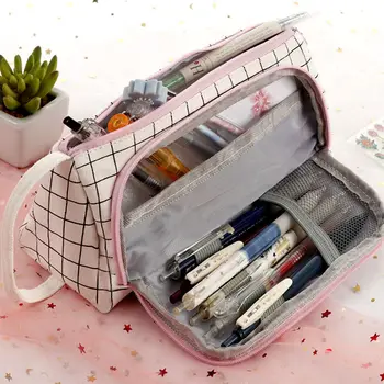 Стационарная сумка для хранения ручек, сумка для ручек и карандашей, многослойная косметическая дорожная сумка для хранения большой емкости, простой клетчатый пенал Изображение