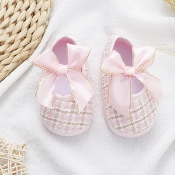 Стильные туфли принцессы на мягкой подошве для маленьких девочек в Корейском стиле с милым бантом (0-8 месяцев) Изображение
