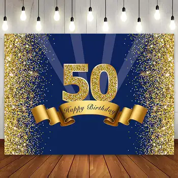 Счастливый 50-й День Рождения Фон Для Фотосъемки Мужчин Женщин Синий Золотой Фото Пятьдесят 50 Лет Торт Баннер Плакат Изображение