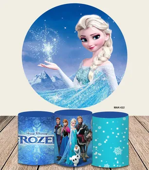 Тема Disney Frozen Круглый фон Принцесса Эльза Анна Вечеринка по случаю Дня рождения девочек Круглый фон цилиндра Зимний Лед Снежные покровы Изображение
