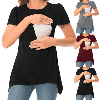 Топы для беременных и кормящих Беременных Женщин Футболка с нерегулярным подолом Рубашка для грудного вскармливания Повседневная Базовая футболка для кормящих Сплошные топы Изображение