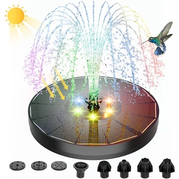 Фонтанный насос мощностью 3 Вт на солнечной энергии с цветными светодиодными лампами для купания птиц, пруда, сада с 7 насадками Садовый фонтанный насос на солнечной энергии Изображение