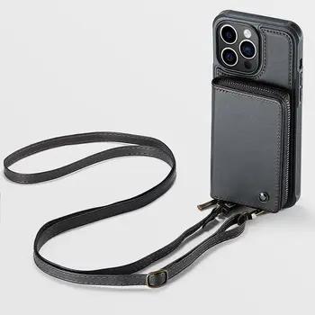 Чехол-кошелек через плечо для iPhone 14 серии, чехол для карт, RFID-блокирующий чехол с регулируемым плечевым ремнем, женский кожаный чехол для телефона Изображение