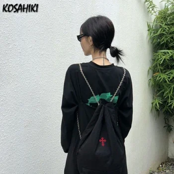 Школьные сумки с цепочкой на шнурке, вышитые крестом, винтажные простые повседневные женские рюкзаки, модные японские школьные сумки Y2k для девочек Изображение