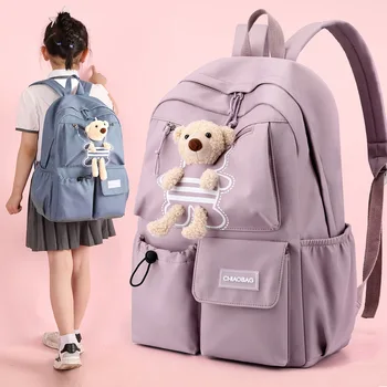 Школьный ранец для детей начальной школы, нейлоновая водонепроницаемая легкая двойная сумка через плечо, рюкзак большой вместимости с милым медведем Изображение